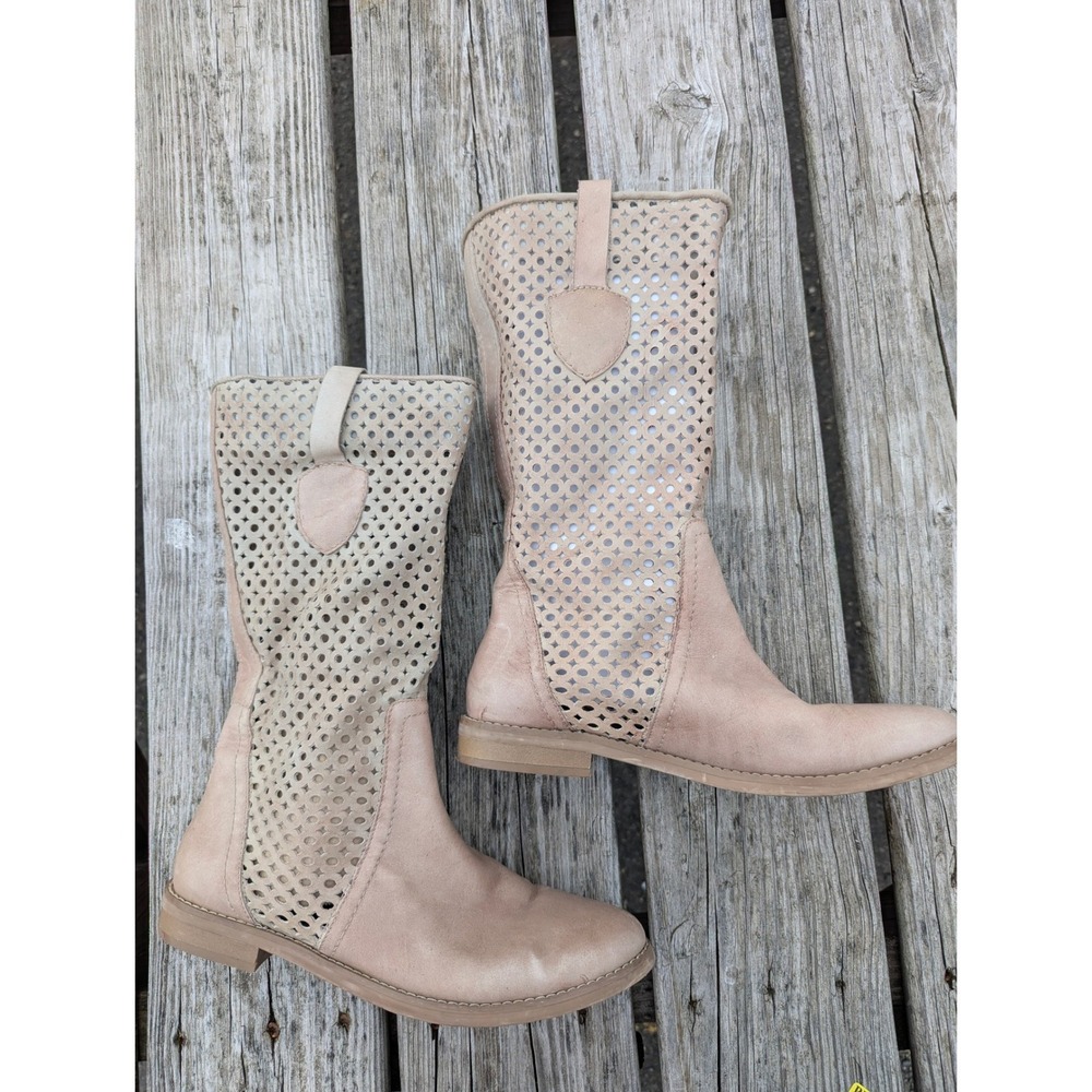 Zoe Luca Leather Boots Tan Nude Laser Cut Womens 8.5